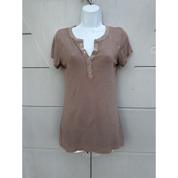 Vintage Y2K Crown Jewel Brown Henley short sleeve Tshirt Sz M Pima Cotton Modal - Picture 2 of 9